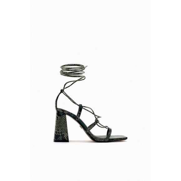 NWT Zara High Block Heels Snakeskin Wrap‎ Around Sandals Women's 10 - Picture 1 of 10